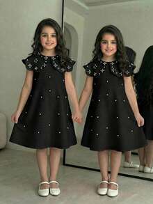Tween Girl Spring/Summer Elegant Rhinestone Square Neck A-Line Dress, Suitable For Wedding Season Flower Girl Dress, Black Tween Girl - Black - View 2
