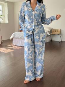 DAZY Elegant Plant Silhouette Print Cinched Waist Sleepwear Set For Women - Blue - View 3