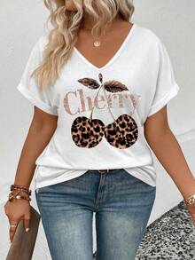 EMERY ROSE New Arrival Spring/Summer Leopard Print Cherry V-Neck Short Sleeve Plus Size Women T-Shirt - White - View 3