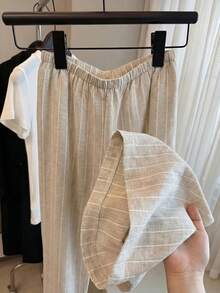 GlowEve 女士优雅亚麻休闲简约通勤办公日常度假高腰阔腿直筒米色条纹宽松裤 - 杏色 - 查看 5