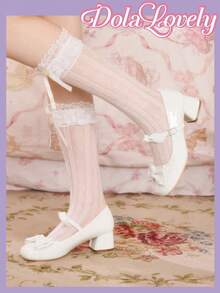 Dola Lovely 女士白色漆皮双蝴蝶结玛丽珍鞋，甜美洛丽塔风格，日常通勤百搭粗跟高跟女鞋 - 白色漆皮 - 查看 6