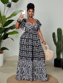 Maweii Retro sexy geometrisches Druckmuster Herzausschnitt Taille gerafft Lässig Weites Bein Jumpsuit, Große Größen - Schwarz und Weiss - Übersicht 1
