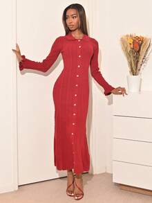 Mima John Vestido de suéter de manga larga ajustado de unicolor casual para mujer - Burdeos - Ver 1