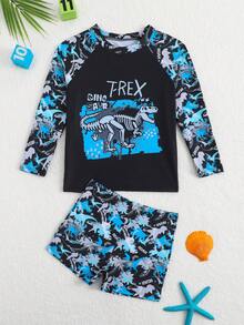 SHEIN Conjunto de traje de baño con estampado de dinosaurio de dibujos animados para niños pequeños, adecuado para la playa y la natación - Negro - Ver 2