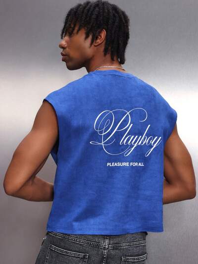 PLAYBOY X SUMWON Men's Regular Fit Sleeveless Tank Top With Script Logo Print Summer Casual Crew Neck Tee