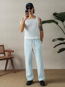 Manfinity Homme 男士白色夏季基礎休閒度假方領背心，純色百搭日常穿搭上衣，削肩上衣，滿足各種需求 - 白色 - 查看 4