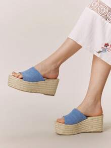 Styleloop Women's Slope Heel Platform Sandals, Summer Open-Toed Bohemian Vacation Sandals, Hemp Rope Woven Roman Beach Sandals, Buckle Dress Shoes, Suitable For Vacation Season, Spring And Summer, Bohemian Style, Vacation Wear, Travel Essentials - Blue - View 6