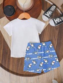 SHEIN Streecool Kids 2件組男童白色夏季休閒椰子樹與漸層印花短袖T恤短褲套裝，舒適日常穿著，春季穿搭，禮物 - 彩色 - 查看 2