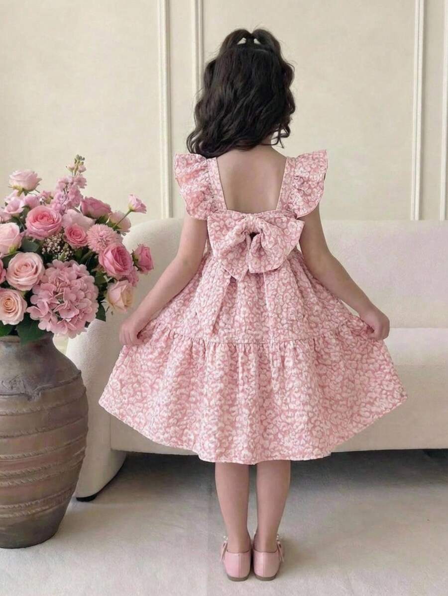 SHEIN 少女優雅花瓣袖後背蝴蝶結裝飾公主洋裝 - 粉色 - 查看 1