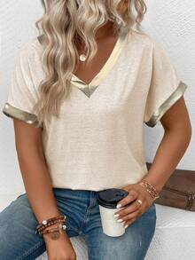 Selamara Camiseta casual de mujer con cuello en V y manga corta, con diseño de ribete dorado, talla grande - Albaricoque - Ver 3