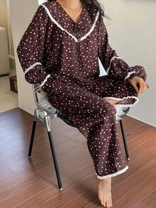 DAZY Star & Moon Print Contrast Color Ruffle Trim Tie Neck Lantern Sleeve Women Pajama Set - Brown - View 4