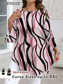 SHEIN CURVE+ 大码女式休闲条纹不对称印花长衬衫 - 彩色 - 查看 1