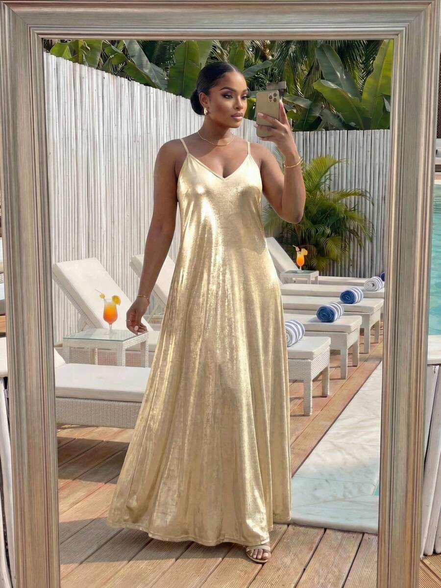 SHEIN Lady CURVE Plus Size Women Solid Color Metallic Slip Dress