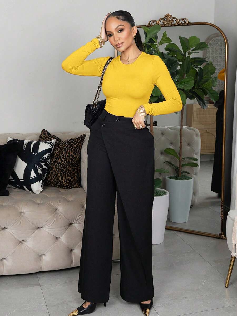 Melissa Matos Solid Slim Fit Spring Women Bodysuit Yellow ,Petite Women - Mustard Yellow - View 1
