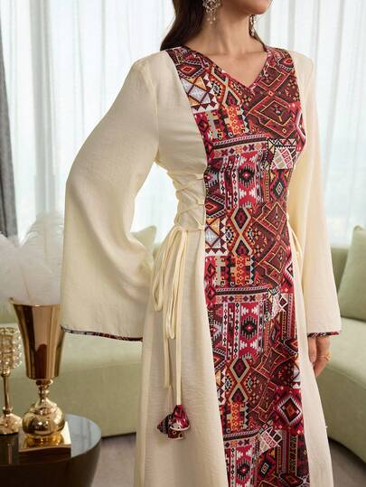 Al Najma Women's Spring/Summer Woven Printed Long Sleeve Tie-Waist A-Line Elegant Romantic Arabic Dress