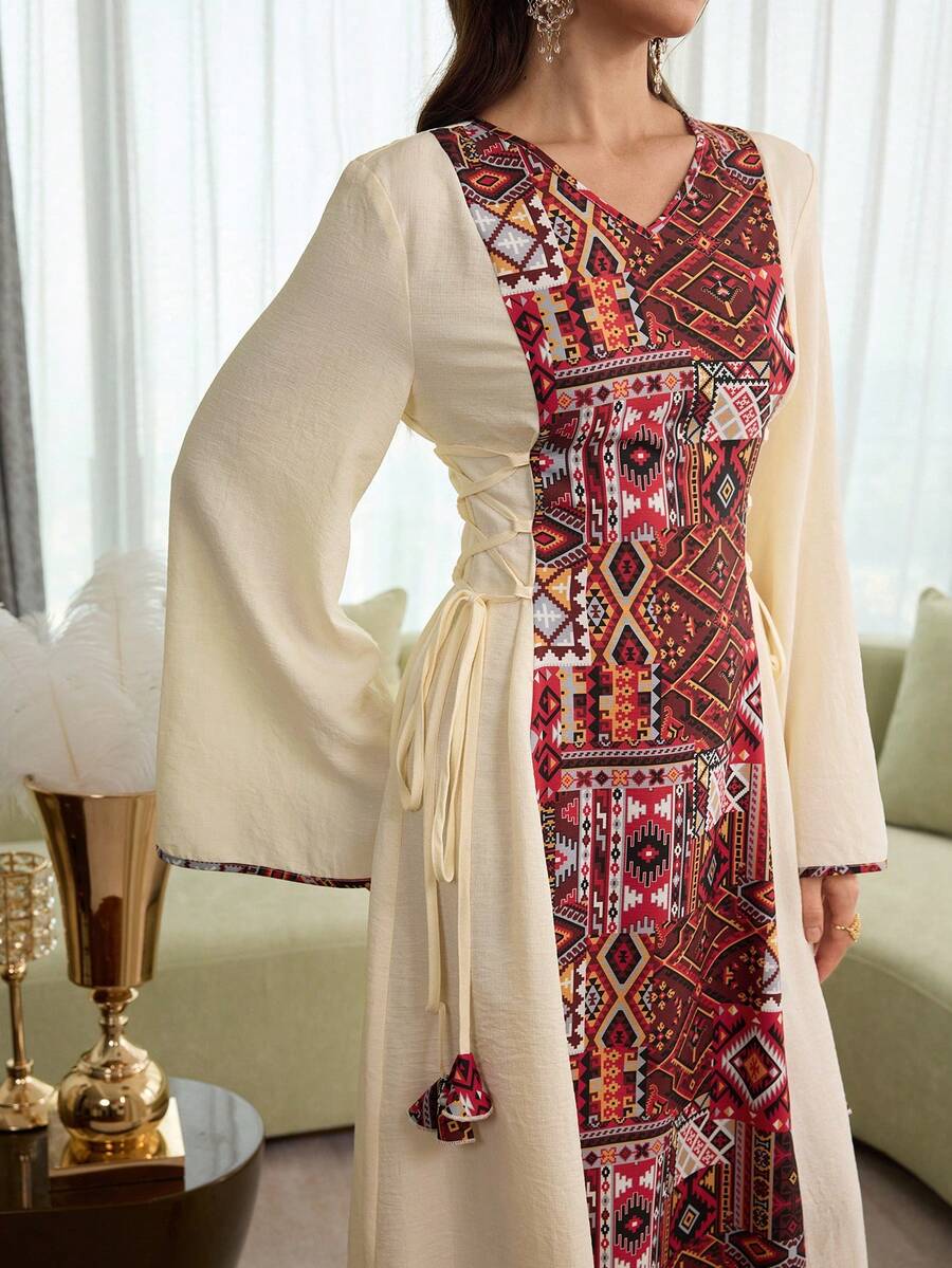 Al Najma Vestido elegante y romántico de manga larga con estampado tejido, cintura con lazo y línea A para mujer, primavera/verano, estilo árabe - Multicolor - Ver 1