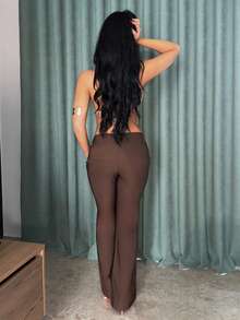 Vassilux Women's Fashion Casual Retro Pocket Flare Leg Pants, Old Money, Business Casual Woman,Going Out Outfits,Back To School,Chocolate Flared Pants,Casual Trousers,Vintage Trousers,Fall - Coffee Brown - View 2