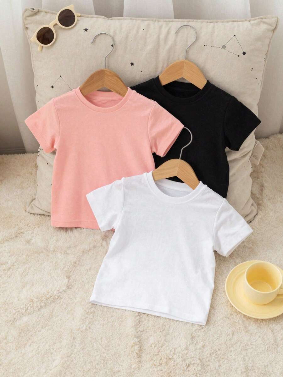 SHEIN 3pcs/Set Girls' All-Match Round Neck Short Sleeve T-Shirts, White, Black, Pink, Casual Cute Minimalist, Suitable For Outdoor Sports, Daily Wear, Suitable For Autumn, Summer, Suitable For Girls, Home, Daily Wear, Winter, Spring, Summer, All-Match Versatile - Pink - View 1