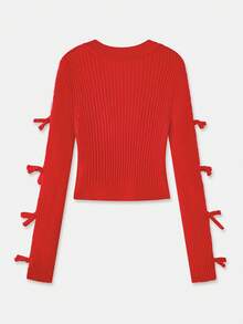 lacRébo Red Knit V-Neck Top With Open Sleeve Knots Girls' Night Out Valentines Day New Year Party Cute Red Top Going Out - Red - View 8