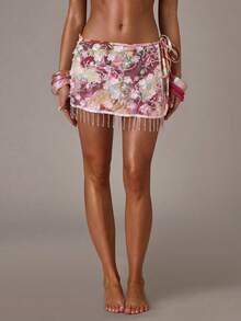 SHEIN BAE 1件女士粉色串珠亮片装饰沙滩罩衫 - 粉色 - 查看 6