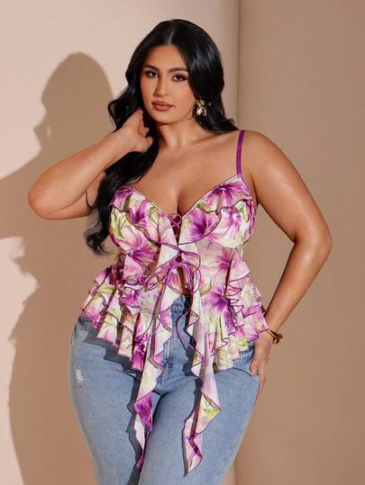 SHEIN BAE Camiseta de tirantes con estampado floral y volante en el bajo para mujer de talla grande
