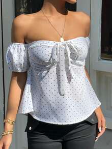 Sunnyshic 法式优雅波点露肩花瓣袖收腰A字下摆休闲女式衬衫 - 白色 - 查看 8