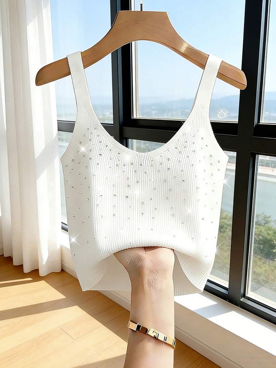 Franclia Suéter Feminino Branco Tricotado com Apliques de Strass - Branco - Ver 1