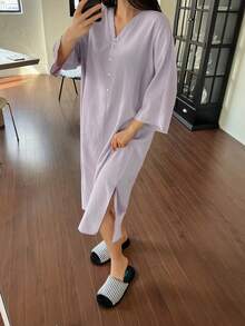 DAZY 極簡純色半拉鍊女款居家休閒連身睡裙 - 紫色 - 查看 6