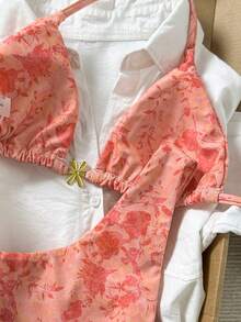 Swim Mod Women's Random Floral Print Halter Bikini Set With Metal Flower Decor, Spring/Summer - Multicolor - View 5