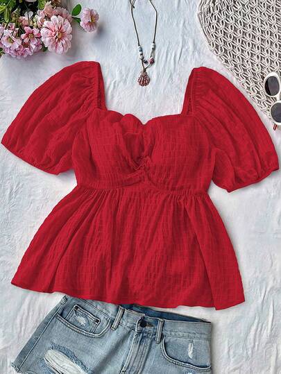 Sunnyshic 大码女式红色可爱浪漫荷叶边蝴蝶结灯笼袖衬衫，百搭款式，适合日常、上学、度假、办公、海滩、春夏穿着
