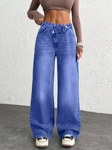 EURMUSE WOMEN CLASSIC HIGH WAIST WIDELEG MEDIUM WASH DENIM JEAN ASYMETRIC WAIST Y2K - Royal Blue - View 6