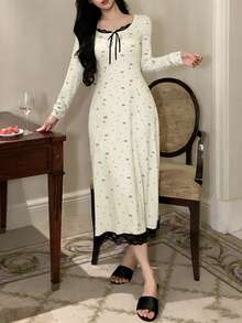 DAZY Bow Print Colorblock Lace Patchwork Waist Dress, Suitable For Summer And Spring, Women Nightgown - White - View 4