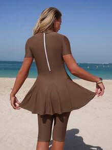 Swim Mulvari High-End Elegant Solid Color Shell Design Bikini Swimwear, Spring/Summer Conservative Beach Outfit For Women - Brown - View 2
