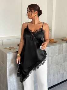 Firerie Plus Size Elegant Lace Trim Asymmetric Hem Camisole For Summer - Black - View 7