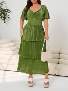 SHEIN EZwear Plus Size Women V-Neck Ruched Waist Elegant Cocktail Party Dress, Spring/Summer - Green - View 4