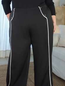 Pretty and Ole Pantalones rectos de talla grande para mujer con ribete de contraste - Negro - Ver 6