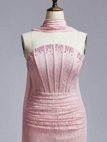 Elitara Petite Petite Petite Fit For The 150-160cm, Petite ,Elegant Luxurious Elastic Lace Strapless Shaping Corset With Rhinestone Embellished Detachable Necklace, Waist Slimming Pleated Fishtail Hem Dress, Suitable For Weddings, Parties, Vacations, Galas, And Formal Events - Baby Pink - View 13