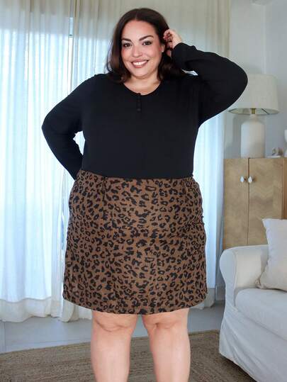 Pretty and Ole 大码舒适休闲豹纹灯芯绒 H 型修身中厚女式迷你裙，秋冬