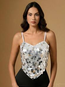Briarwyn Women's Solid Color Asymmetric Hem Fashionable Sequin Camisole,Summer Top - Silver - View 5