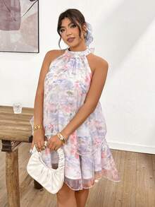 Lounesse 大码优雅女士连衣裙 珠光褶皱雪纺吊带蝴蝶结层叠蛋糕裙 - 彩色 - 查看 1