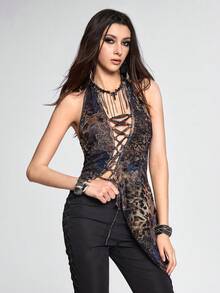 ROMWE Grunge Punk Women's Y2K Millennium Animal Zebra Leopard Paisley Print Drawstring Asymmetrical Hem Halter Top - Multicolor - View 5