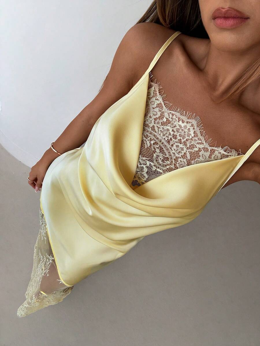 Aloruh Vestido elegante de tirantes finos con escote pronunciado, bajo de encaje transparente y parches de encaje, para mujer - Amarillo claro - Ver 1