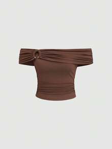 Sweetra Women's Solid Color Off Shoulder Short Sleeve T-Shirt, Summer - Brown - View 1