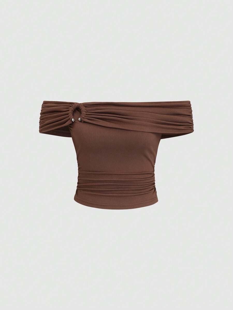 Sweetra Women's Solid Color Off Shoulder Short Sleeve T-Shirt, Summer - Brown - View 1