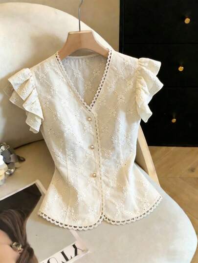 GlowEve New Arrival Apricot Spring/Summer French Elegant Youthful Fashion Floral Textured Jacquard Design Lace Collar Pearl Button Fitted Waist Slimming Open Front Double Ruffle Sleeve Casual Vacation Daily Wear Women T-Shirt