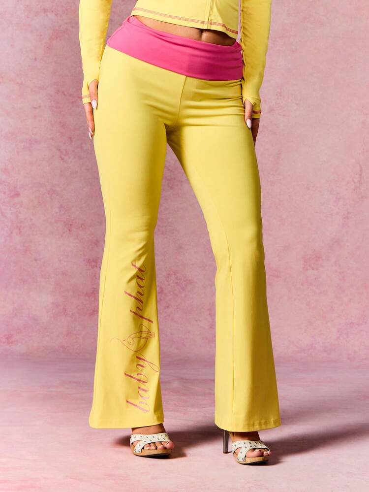 BABYPHAT Women's High Rise Flared Jersey Leggings With Contrast Pink Fold Over Waistband And Glitter Text Print For Casual Wear