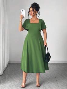 SHEIN Elenzya 优雅夏季女式连衣裙，采用大号梭织面料制成 - 綠色 - 查看 5