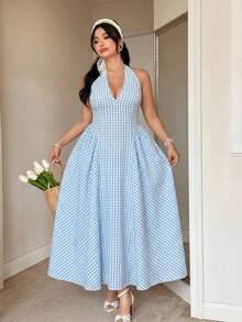 SHEIN Clasi 大码优雅荷叶边下摆无袖连衣裙，夏季 - 藍色 - 查看 3