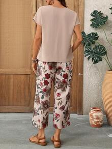 EMERY ROSE Blusa de mujer elegante con cuello en V plisado, de manga corta y color albaricoque - Multicolor - Ver 2