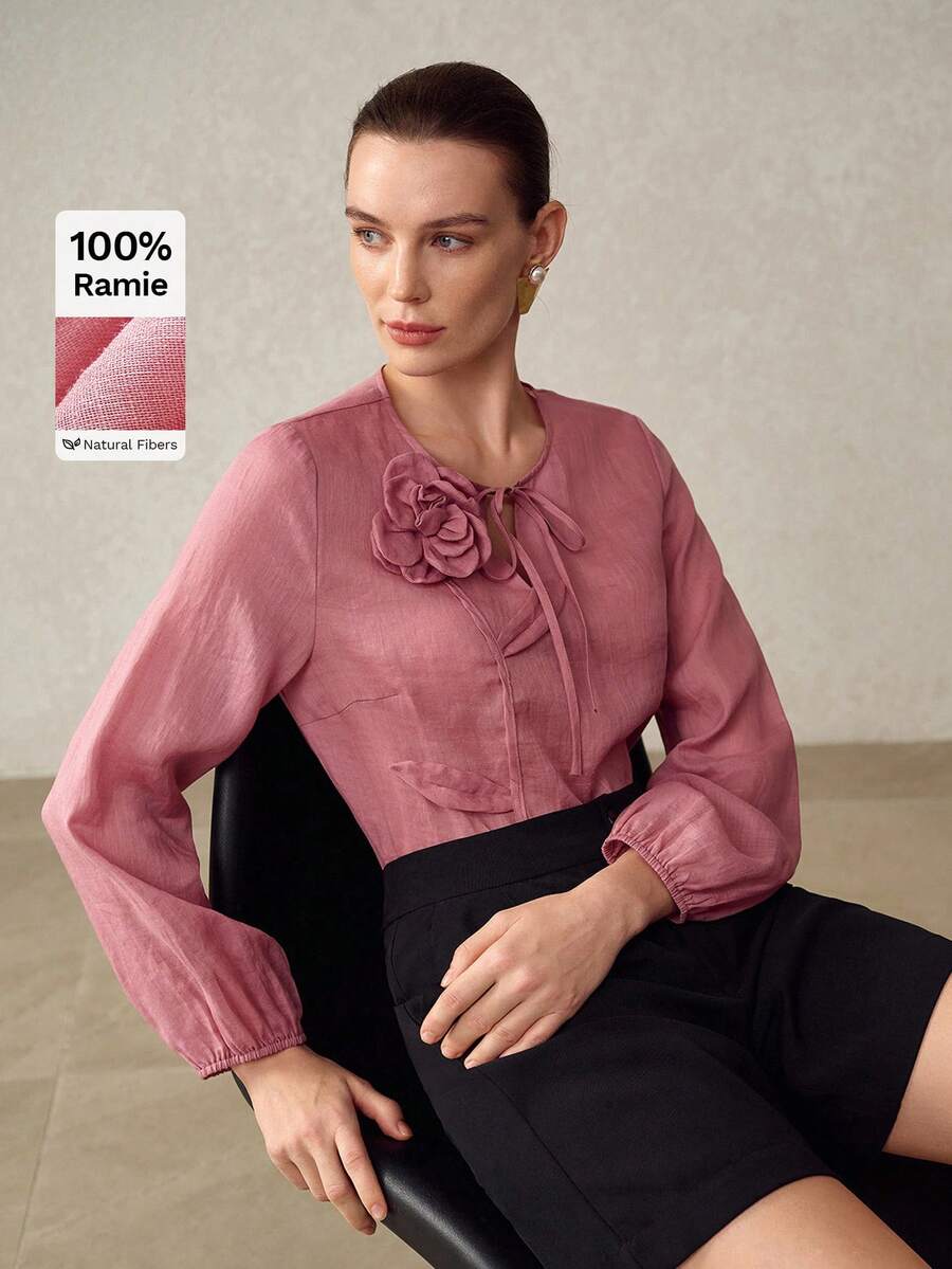 MOTF PREMIUM Áo sơ mi nữ dáng rộng bằng vải chiffon với họa tiết hoa 3D, thanh lịch và thoải mái, thích hợp cho mùa hè. - Màu tím - Xem 1